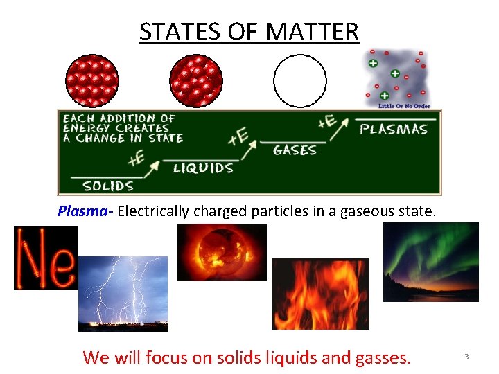 STATES OF MATTER Plasma- Electrically charged particles in a gaseous state. We will focus