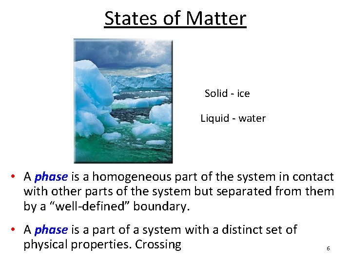 States of Matter Solid - ice Liquid - water • A phase is a