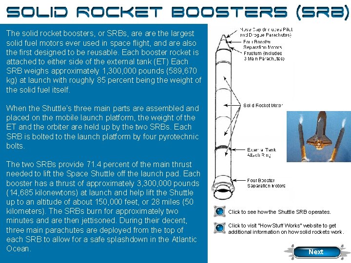 Solid Rocket Boosters The solid rocket boosters, or SRBs, are the largest solid fuel