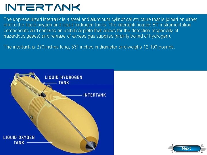 Intertank The unpressurized intertank is a steel and aluminum cylindrical structure that is joined