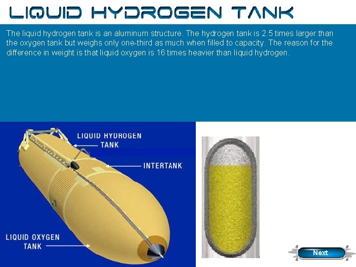 Liquid Hydrogen Tank The liquid hydrogen tank is an aluminum structure. The hydrogen tank