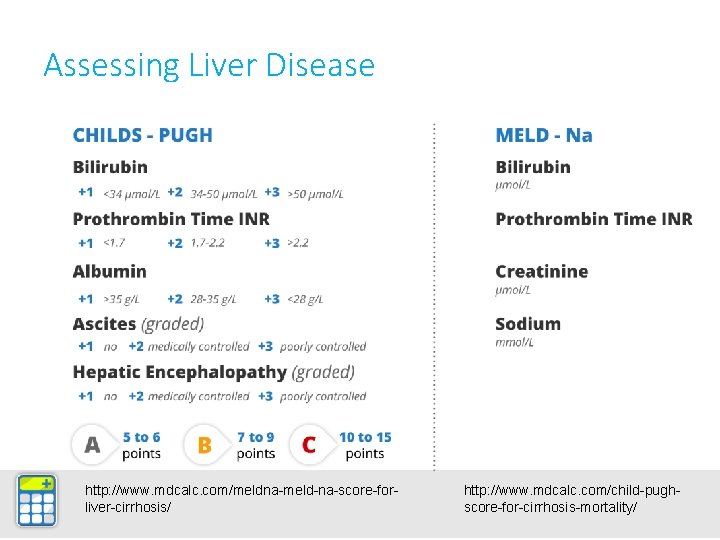 Assessing Liver Disease http: //www. mdcalc. com/meldna-meld-na-score-forliver-cirrhosis/ http: //www. mdcalc. com/child-pughscore-for-cirrhosis-mortality/ 