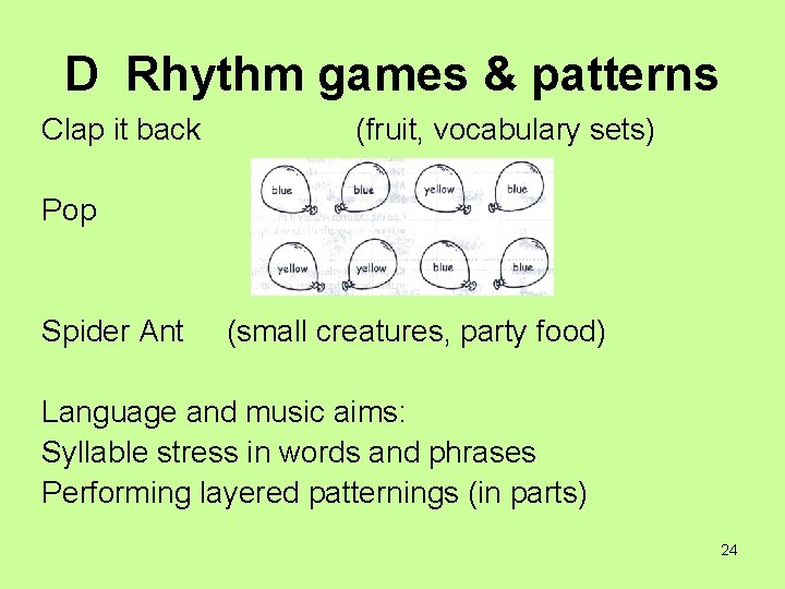 D Rhythm games & patterns Clap it back (fruit, vocabulary sets) Pop Spider Ant