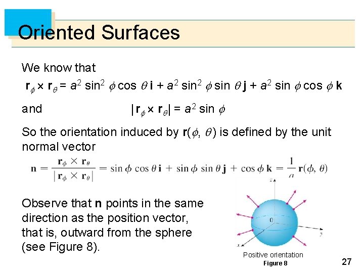 Oriented Surfaces We know that r r = a 2 sin 2 cos i