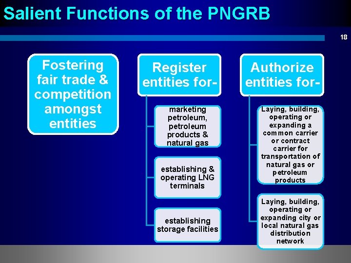 Salient Functions of the PNGRB 18 Fostering fair trade & competition amongst entities Register