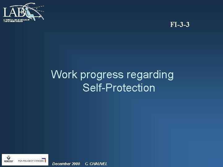 LAB 25° t ACCIDENTOLOGIE, BIOMECANIQUE, COMPORTEMENT HUMAIN FI-3 -3 Work progress regarding Self-Protection December