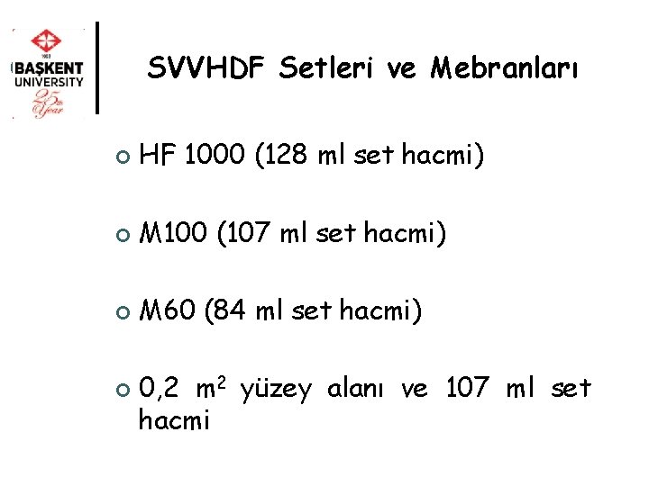 SVVHDF Setleri ve Mebranları ¢ HF 1000 (128 ml set hacmi) ¢ M 100