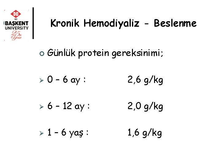 Kronik Hemodiyaliz - Beslenme ¢ Günlük protein gereksinimi; Ø 0 – 6 ay :