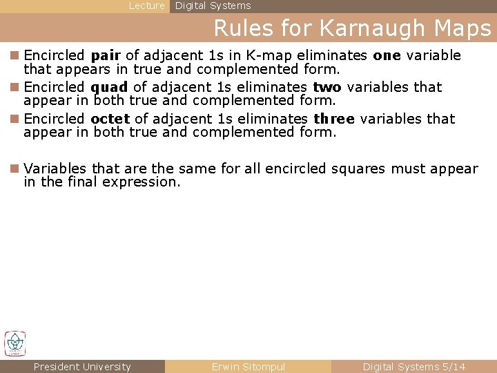 Lecture Digital Systems Rules for Karnaugh Maps n Encircled pair of adjacent 1 s