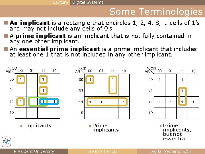 Lecture Digital Systems Some Terminologies n An implicant is a rectangle that encircles 1,