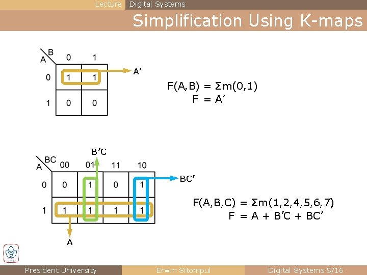 Lecture Digital Systems Simplification Using K-maps A’ F(A, B) = Σm(0, 1) F =