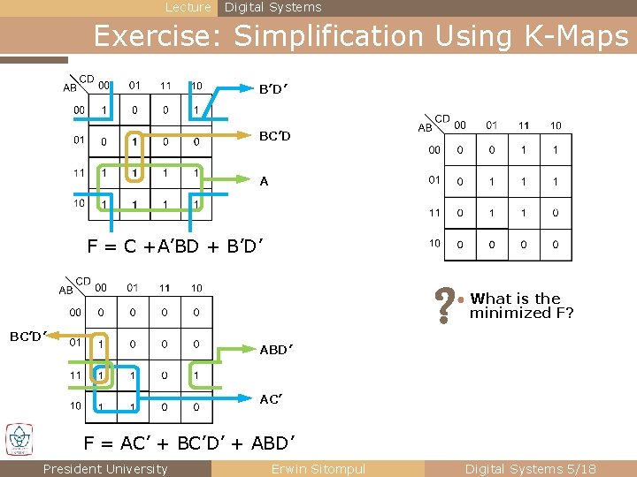 Lecture Digital Systems Exercise: Simplification Using K-Maps B’D’ BC’D A F = C +A’BD