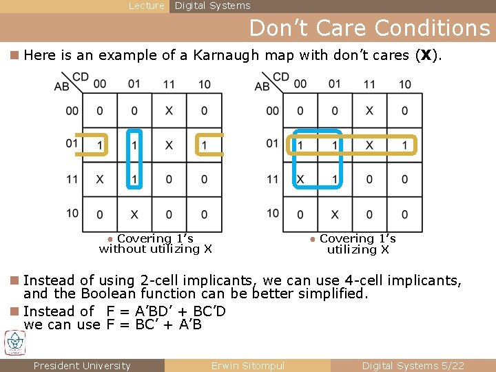 Lecture Digital Systems Don’t Care Conditions n Here is an example of a Karnaugh