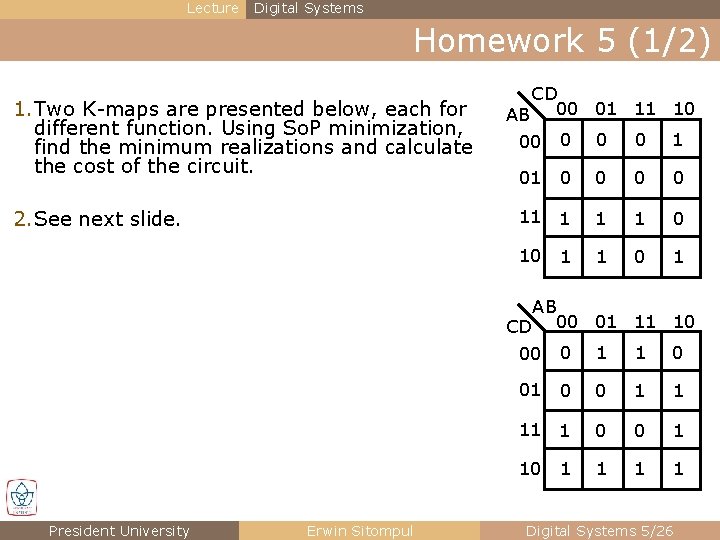 Lecture Digital Systems Homework 5 (1/2) 1. Two K-maps are presented below, each for