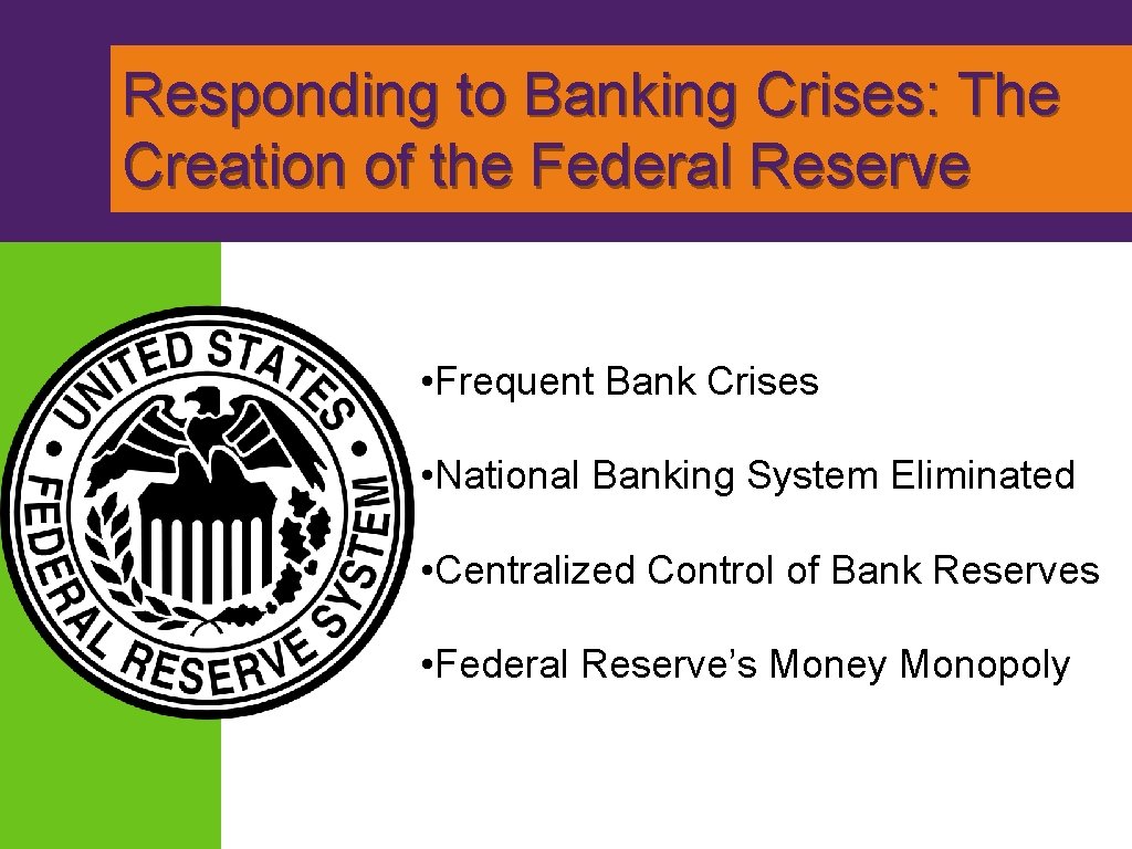 Responding to Banking Crises: The Creation of the Federal Reserve • Frequent Bank Crises