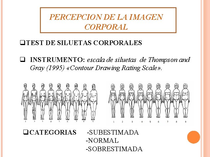 PERCEPCION DE LA IMAGEN CORPORAL q. TEST DE SILUETAS CORPORALES q INSTRUMENTO: escala de