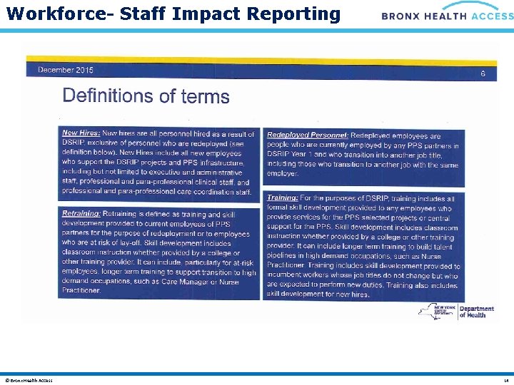 Workforce- Staff Impact Reporting © Bronx Health Access 14 