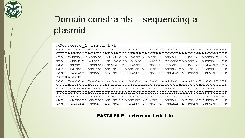 Domain constraints – sequencing a plasmid. FASTA FILE – extension. fasta /. fa 
