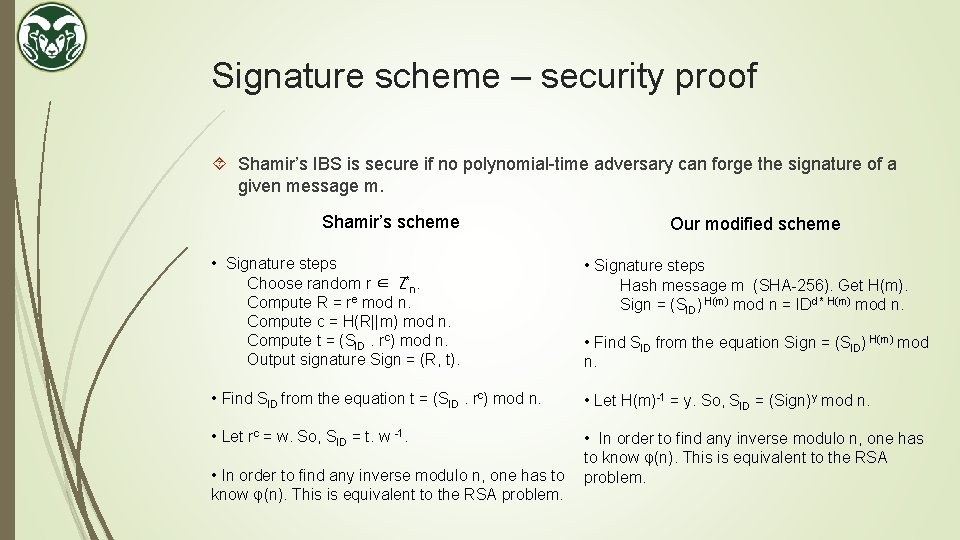Signature scheme – security proof Shamir’s IBS is secure if no polynomial-time adversary can