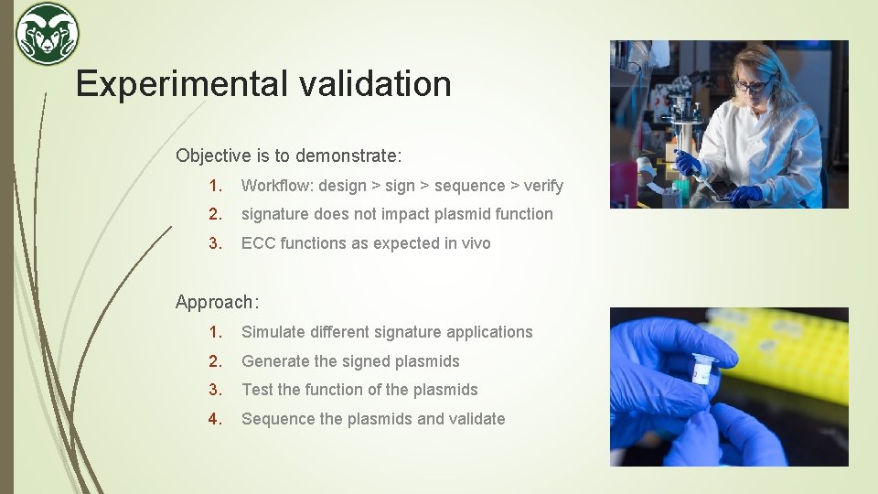 Experimental validation Objective is to demonstrate: 1. Workflow: design > sequence > verify 2.