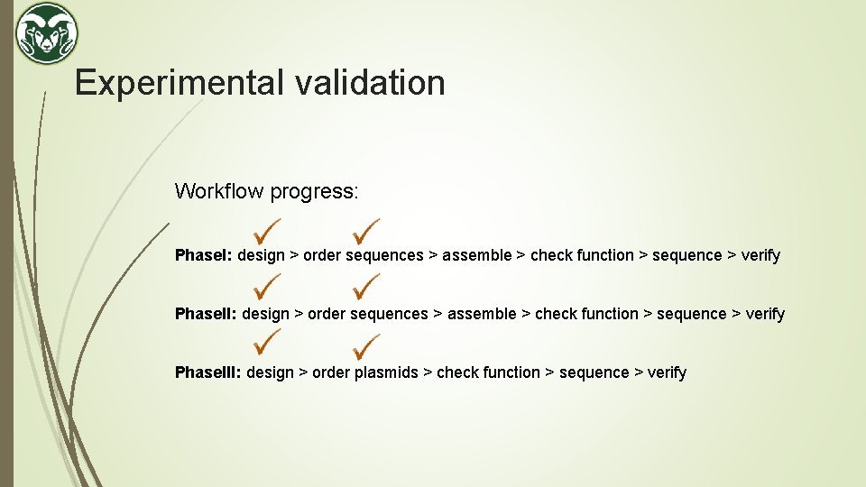 Experimental validation Workflow progress: Phase. I: design > order sequences > assemble > check