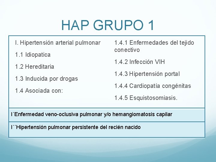 HAP GRUPO 1 I. Hipertensión arterial pulmonar 1. 1 Idiopatica 1. 2 Hereditaria 1. HAP GRUPO 1 I. Hipertensión arterial pulmonar 1. 1 Idiopatica 1. 2 Hereditaria 1.