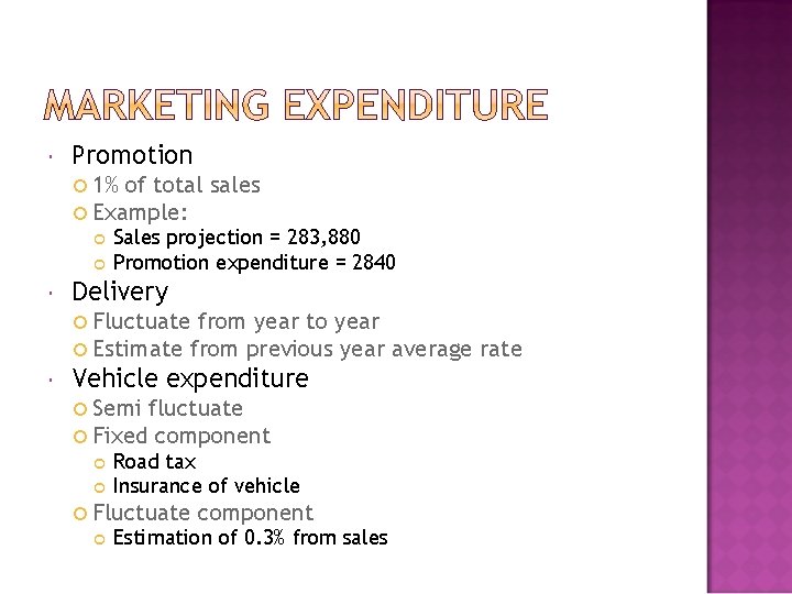  Promotion 1% of total Example: sales Sales projection = 283, 880 Promotion expenditure