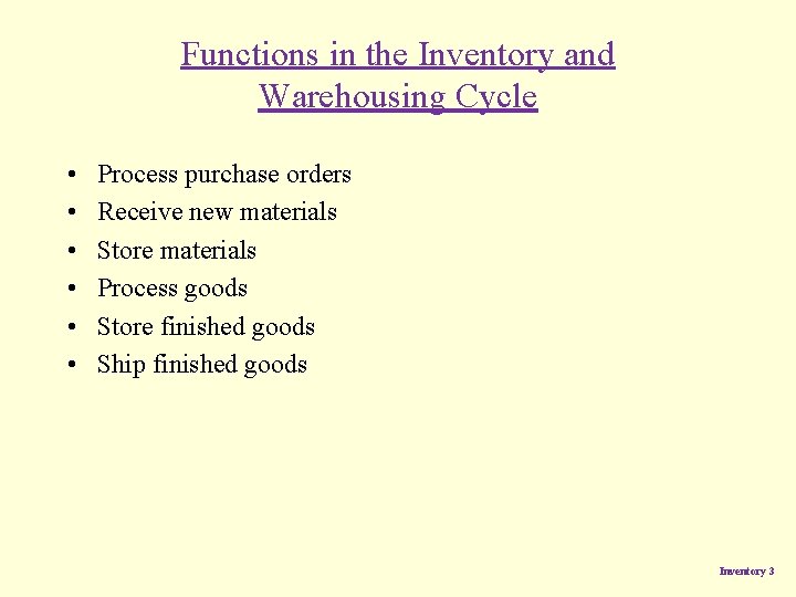 Functions in the Inventory and Warehousing Cycle • • • Process purchase orders Receive Functions in the Inventory and Warehousing Cycle • • • Process purchase orders Receive