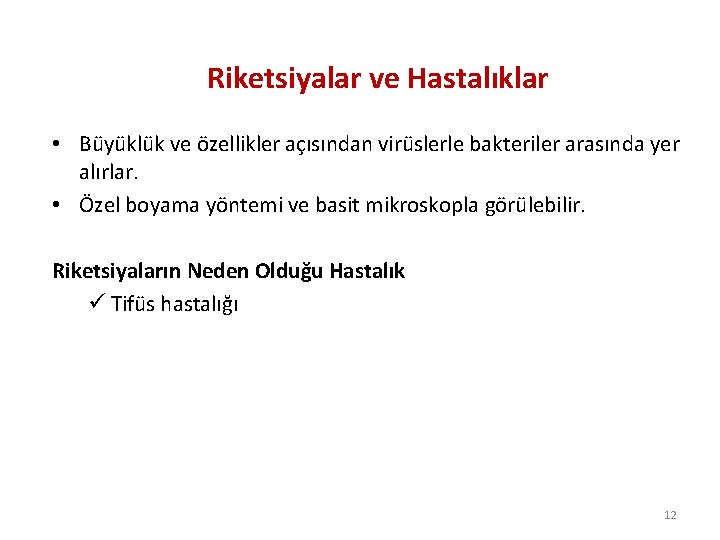 Riketsiyalar ve Hastalıklar • Büyüklük ve özellikler açısından virüslerle bakteriler arasında yer alırlar. •