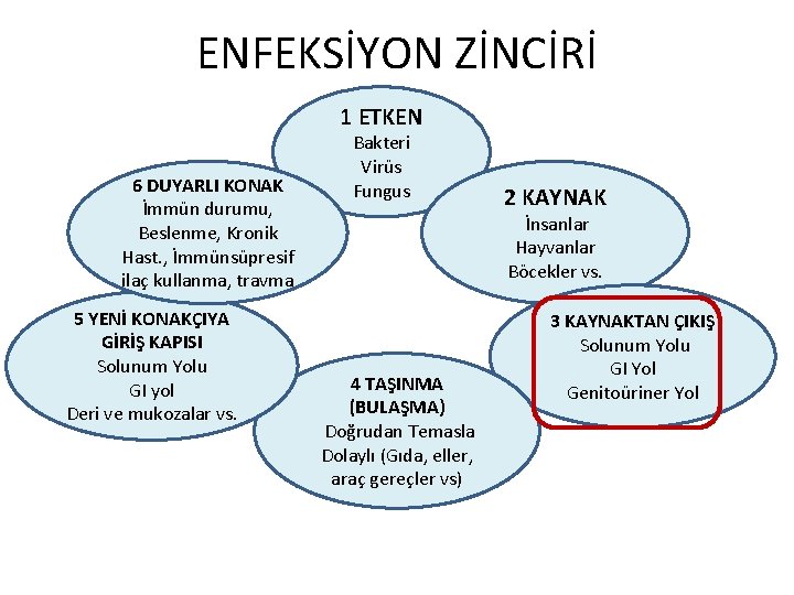 ENFEKSİYON ZİNCİRİ 1 ETKEN 6 DUYARLI KONAK İmmün durumu, Beslenme, Kronik Hast. , İmmünsüpresif