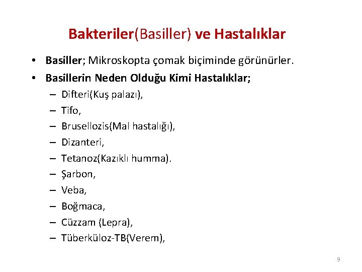 Bakteriler(Basiller) ve Hastalıklar • Basiller; Mikroskopta çomak biçiminde görünürler. • Basillerin Neden Olduğu Kimi