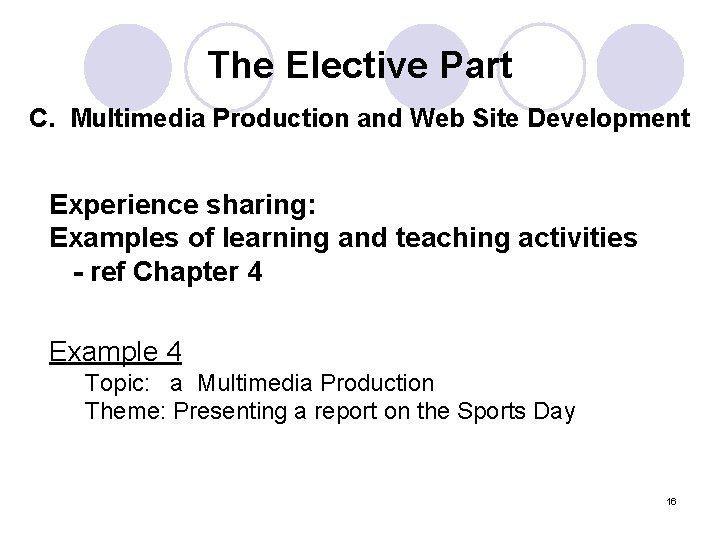 The Elective Part C. Multimedia Production and Web Site Development Experience sharing: Examples of