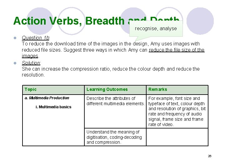 Action Verbs, Breadth and Depth recognise, analyse l l Question 1 b: To reduce