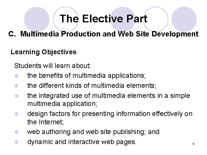 The Elective Part C. Multimedia Production and Web Site Development Learning Objectives Students will