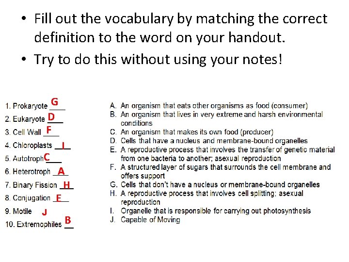  • Fill out the vocabulary by matching the correct definition to the word