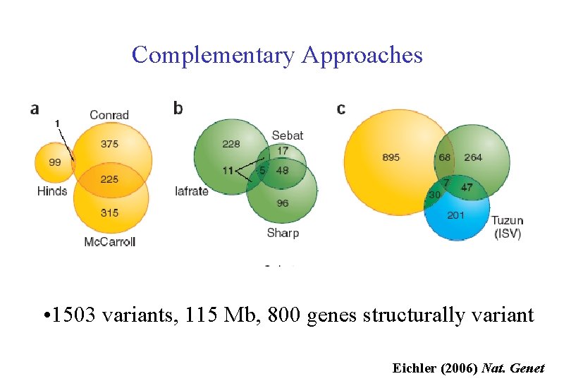 Complementary Approaches • 1503 variants, 115 Mb, 800 genes structurally variant Eichler (2006) Nat.