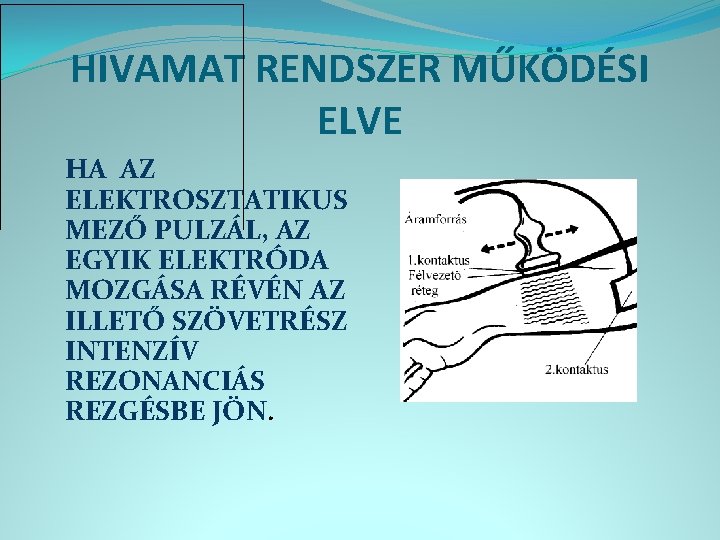 HIVAMAT RENDSZER MŰKÖDÉSI ELVE HA AZ ELEKTROSZTATIKUS MEZŐ PULZÁL, AZ EGYIK ELEKTRÓDA MOZGÁSA RÉVÉN