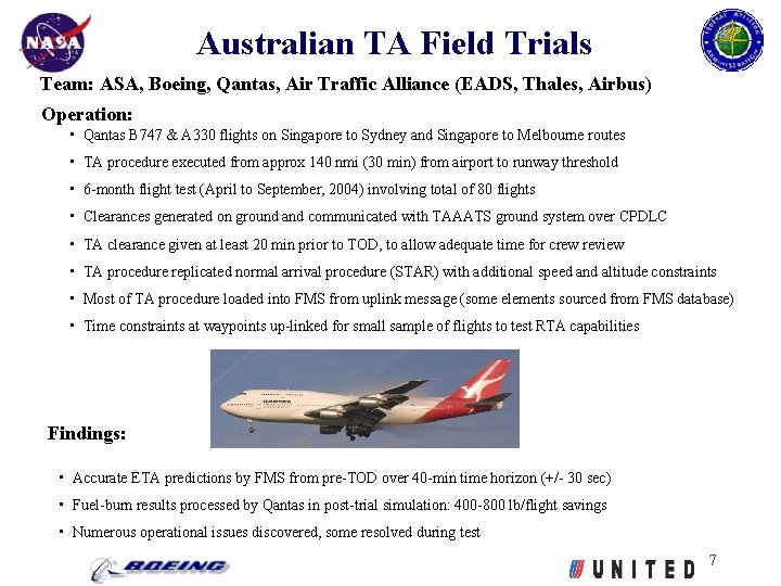Australian TA Field Trials Team: ASA, Boeing, Qantas, Air Traffic Alliance (EADS, Thales, Airbus)