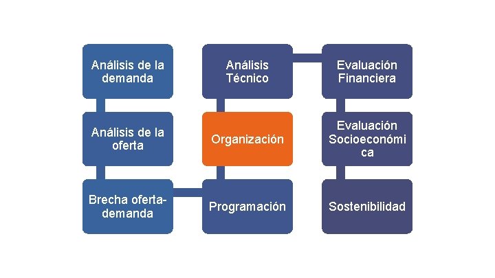 Análisis de la demanda Análisis Técnico Evaluación Financiera Análisis de la oferta Organización Evaluación Análisis de la demanda Análisis Técnico Evaluación Financiera Análisis de la oferta Organización Evaluación