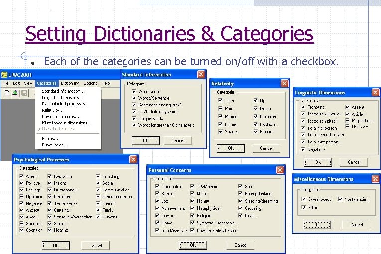 Setting Dictionaries & Categories Each of the categories can be turned on/off with a
