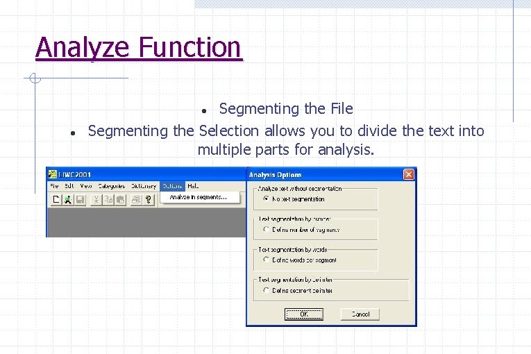 Analyze Function Segmenting the File Segmenting the Selection allows you to divide the text