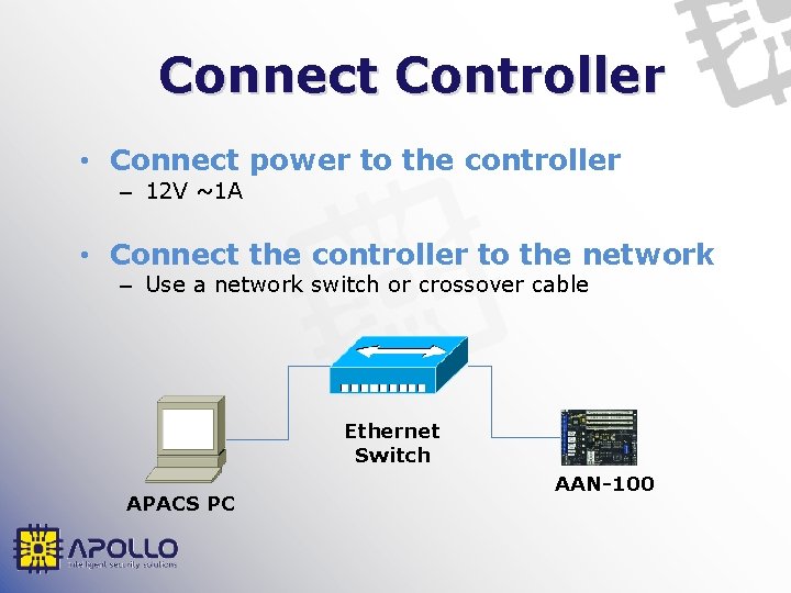 Connect Controller • Connect power to the controller – 12 V ~1 A •