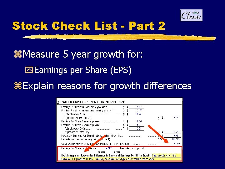 Stock Check List - Part 2 z. Measure 5 year growth for: y. Earnings