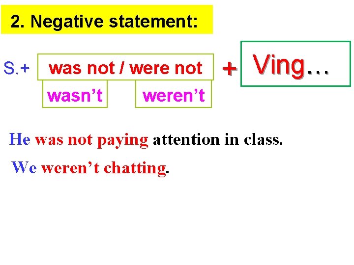  2. Negative statement: S. + was not / were not wasn’t + Ving…