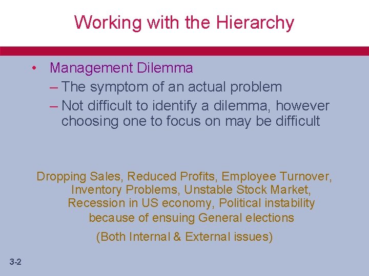 Working with the Hierarchy • Management Dilemma – The symptom of an actual problem