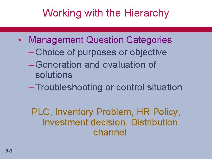 Working with the Hierarchy • Management Question Categories – Choice of purposes or objective