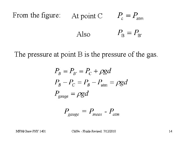 From the figure: At point C Also The pressure at point B is the
