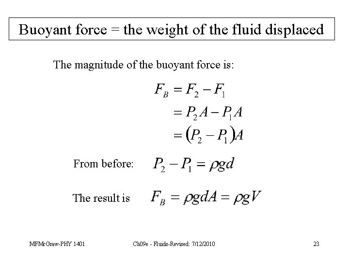 Buoyant force = the weight of the fluid displaced The magnitude of the buoyant