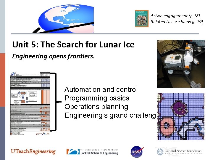 Active engagement (p 18) Related to core ideas (p 19) Unit 5: The Search