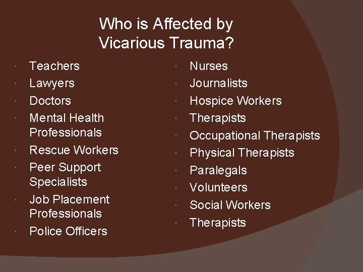 Who is Affected by Vicarious Trauma? Teachers Lawyers Doctors Mental Health Professionals Rescue Workers